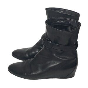 Stuart Weitzman | Black Leather Mid Calf Slouchy Wedge Boots